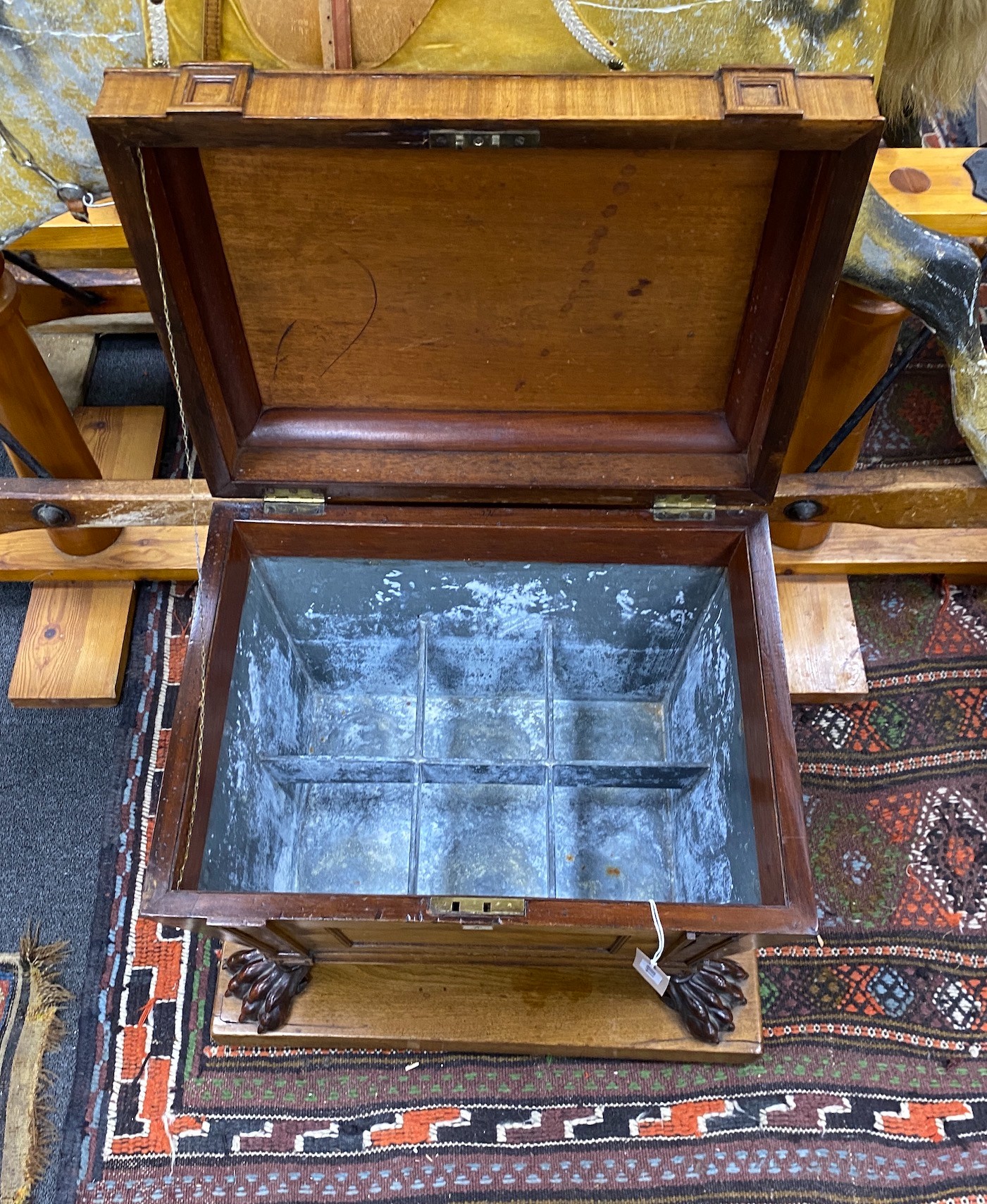 A George III and later mahogany cellarette on carved claw feet width 56, depth 43cm height 52 cm